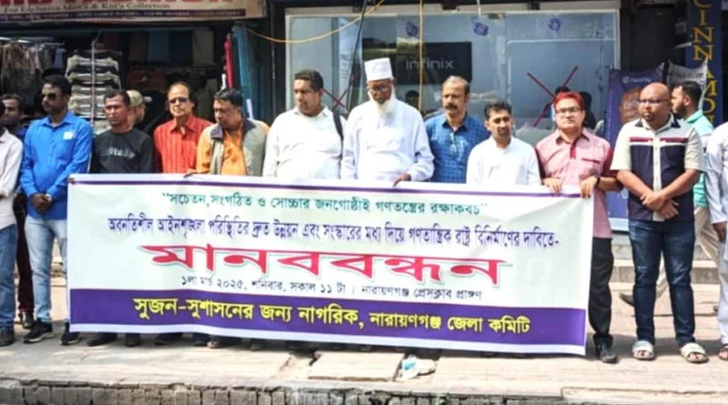 রাষ্ট্রের আইন শৃংখলা পরিস্থিতির দ্রুত উন্নয়ন সংস্কারের মাধ্যমে রাষ্ট্র বিনির্মাণের দাবীতে “সুজন” এর মানব বন্ধন