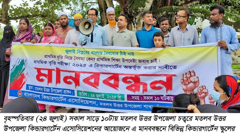 মতলব উত্তরে কিন্ডারগার্টেন অ্যাসোসিয়েশনের মানববন্ধন ও স্মারকলিপি প্রদান