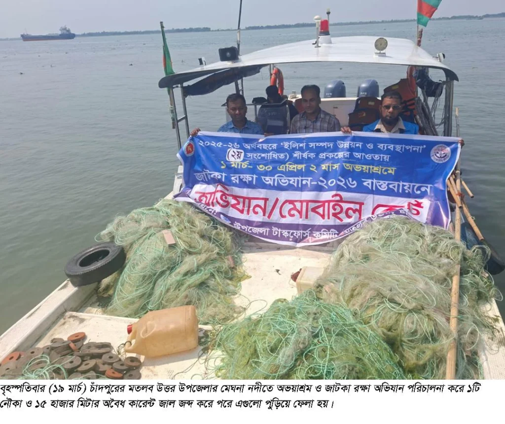 মতলবের মেঘনা নদীতে অভিযানে ১৫ হাজার মিটার অবৈধ কারেন্ট জাল জব্দ
